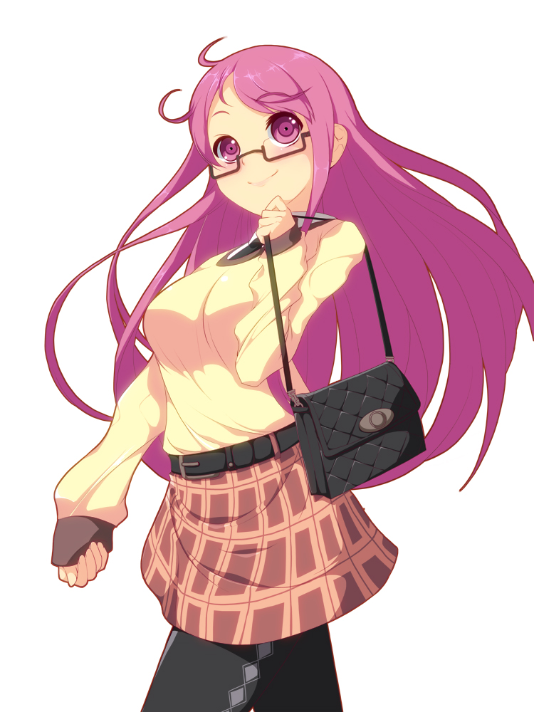argyle, argyle_legwear, bag, belt, black_legwear, blush, breasts, brown-framed_glasses