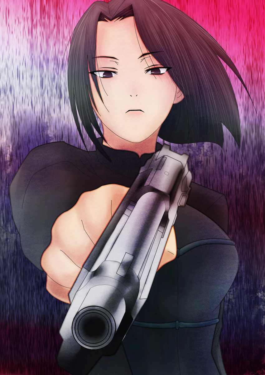 beretta_92, black_eyes, black_hair, black_lagoon, catmoonshiki, fate/stay_night, fate/zero, fate_(series), gun, handgun, highres, hisau_maiya, parody, pistol, short_hair, solo, weapon