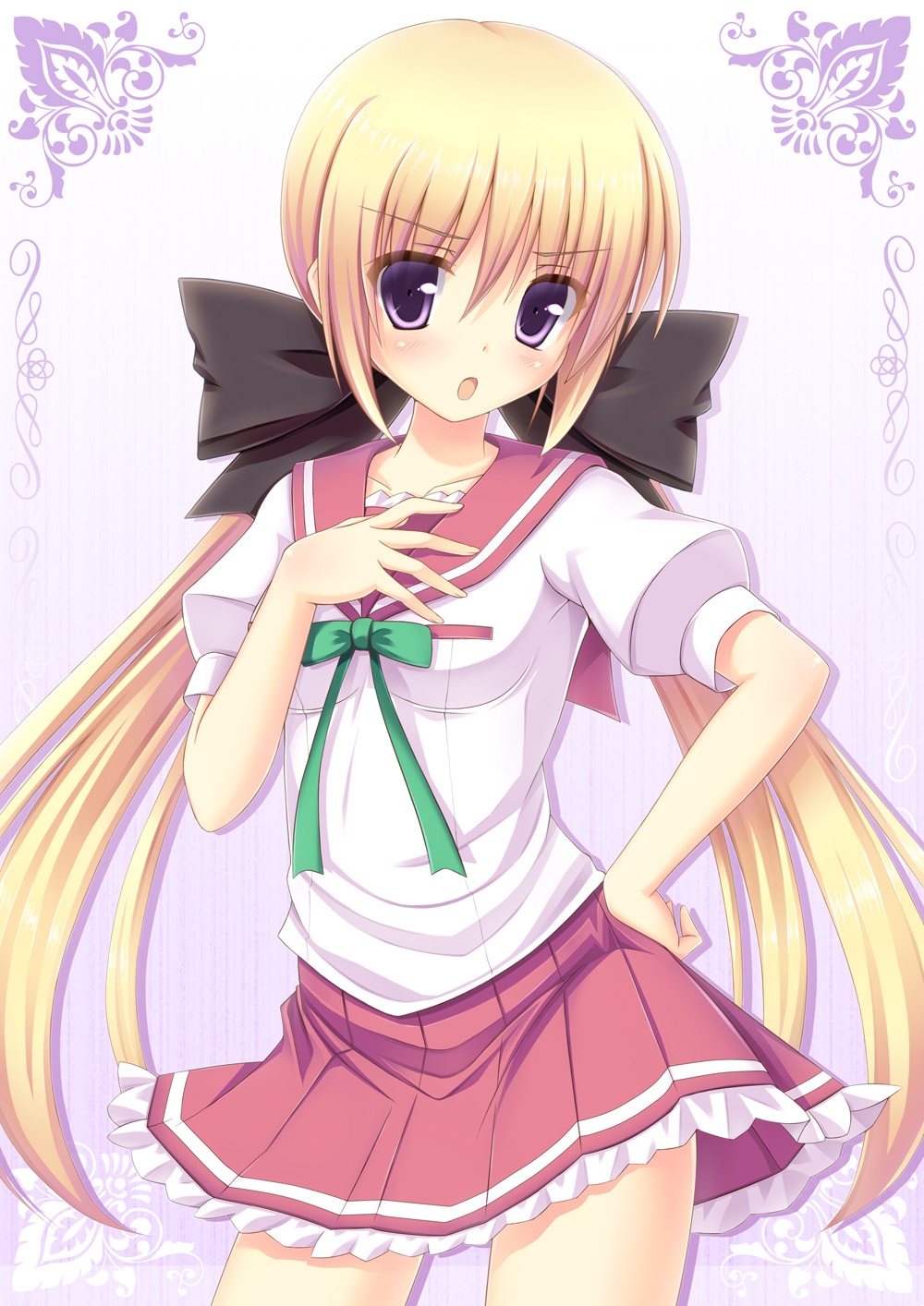 :o, blonde_hair, blush, bow, collarbone, hair_bow, hand_on_chest, hand_on_hip, hand_on_own_chest, head_tilt, highres, hips, ichiroku, kuu_(agekichi), long_hair, open_mouth, original, purple_eyes, skirt, solo, twintails, violet_eyes