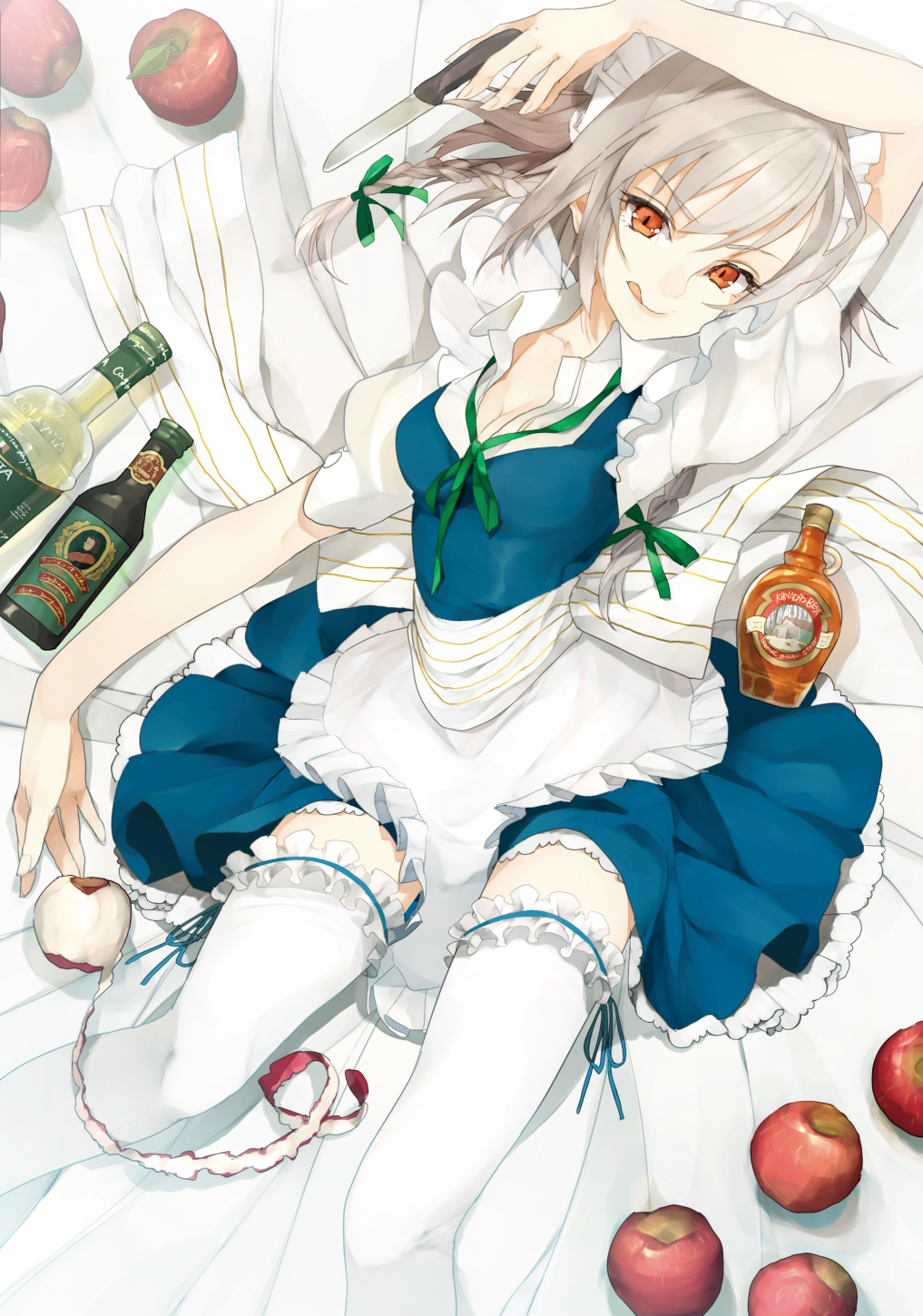 :q, alcohol, apple, apple_peel, braid, bunkyo_takemi, food, fruit, garters, highres, holding, izayoi_sakuya, knife, looking_at_viewer, lying, maid, maid_headdress, on_back, orange_eyes, realistic, silver_hair, skirt, solo, thigh-highs, thighhighs, tongue, touhou, white_legwear