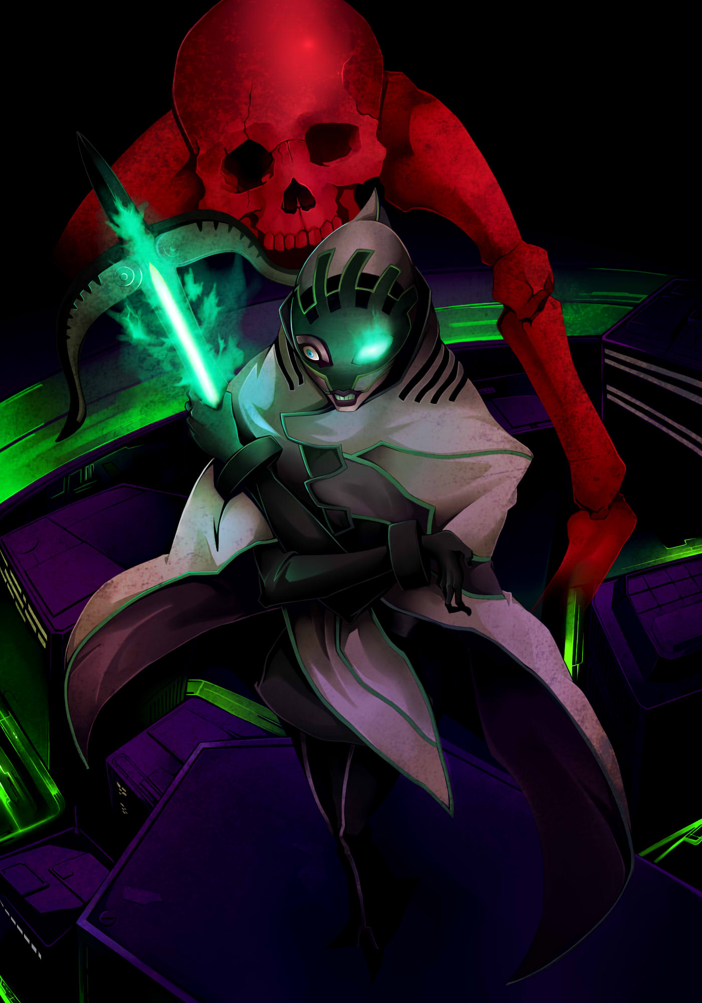 bow_(weapon), cape, crossbow, fire, gloves, glowing, glowing_eye, green_fire