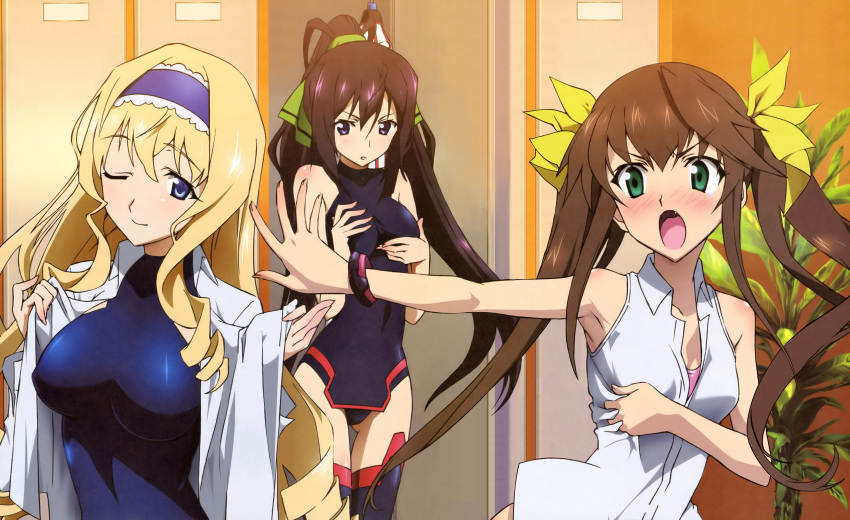 absurdres, armpits, blonde_hair, blue_eyes, blush, bodysuit, breast_envy, breasts