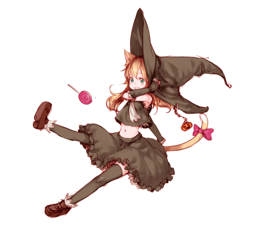 bare_shoulders, black_legwear, blonde_hair, blush, bow, candy, cat_ears, detached_sleeves