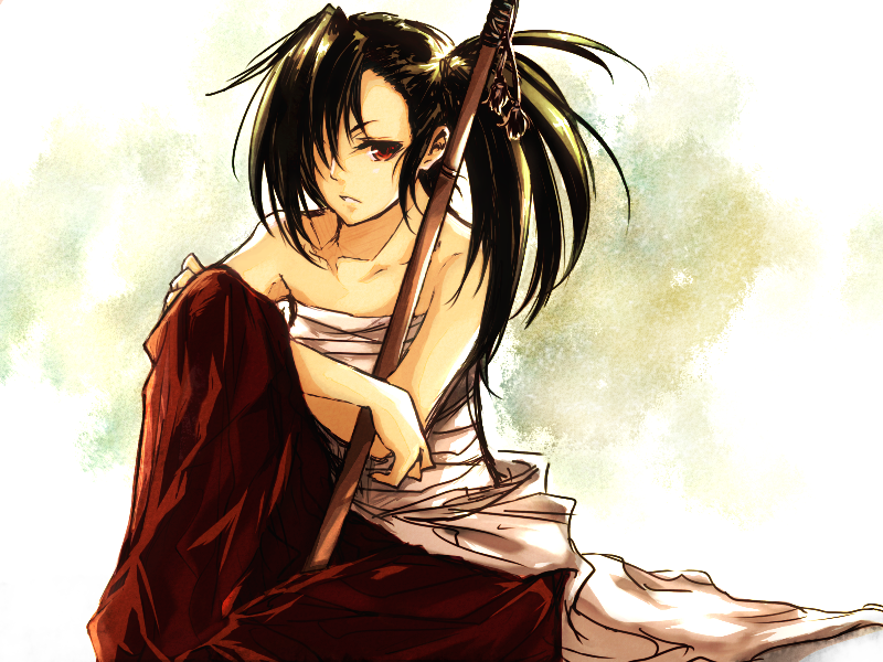 asymmetrical_bangs, bangs, bare_shoulders, black_hair, brown_eyes, hair_over_one_eye, katana, long_hair, mahou_sensei_negima!, sakurazaki_setsuna, sarashi, side_ponytail, sitting, solo, sword, weapon, yuuyu_(777)