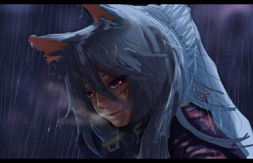 bad_id, bakabakasii, blue_hair, breath, highres, letterboxed, long_hair, original, ponytail, rain, red_eyes, scar, sketch, solo
