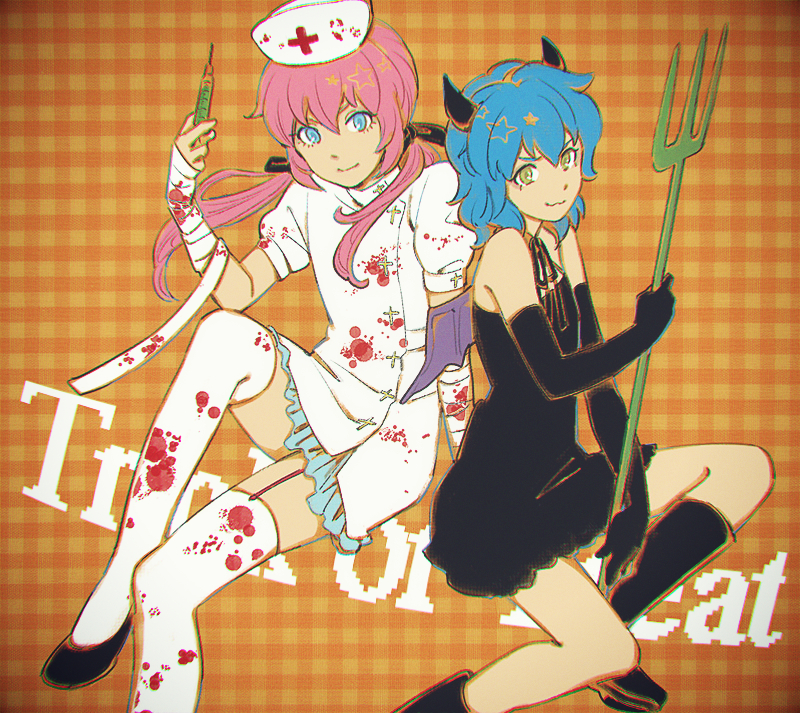 bad_id, bandage, bandages, blood, blue_eyes, halloween, hat, horns