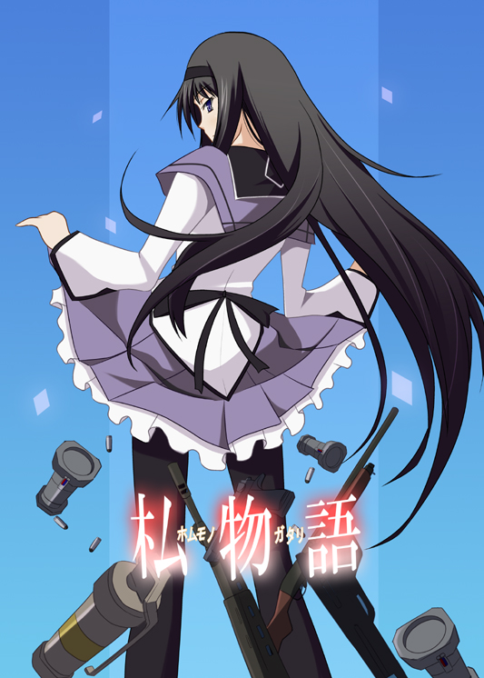 akemi_homura, bakemonogatari, black_hair, black_legwear, bomb, capelet, guatemala, hairband
