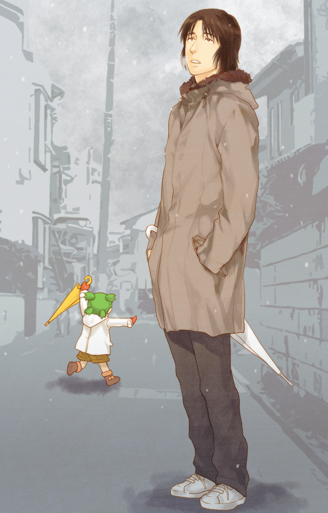 breath, brown_eyes, brown_hair, child, father_and_daughter, gloves, green_hair, hands_in_pockets, jacket, koiwai_yotsuba, limits_hys, looking_up, mittens, mr_koiwai, shoes, short_hair, sneakers, snow, suzuki_tsuta, umbrella, yotsubato!