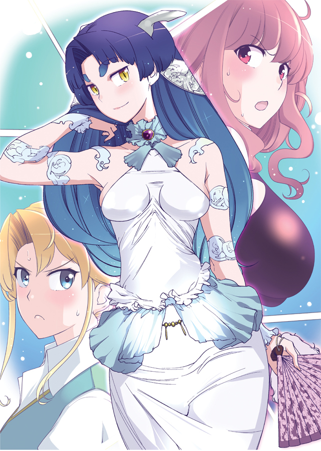 bare_shoulders, blonde_hair, blue_eyes, blue_hair, blush, breasts, collar, dress