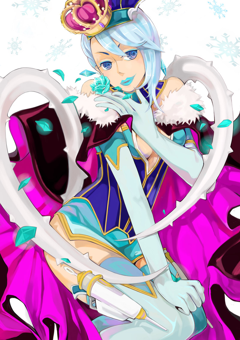 bare_shoulders, blue_eyes, blue_hair, blue_rose, blue_rose_(tiger_&amp;_bunny), boots, breasts, cape, cleavage, crown, elbow_gloves, flower, foodpuppet, gloves, gun, hat, karina_lyle, lipstick, makeup, petals, rose, short_hair, snowflakes, solo, superhero, thigh-highs, thigh_boots, thighhighs, tiger_&amp;_bunny, weapon