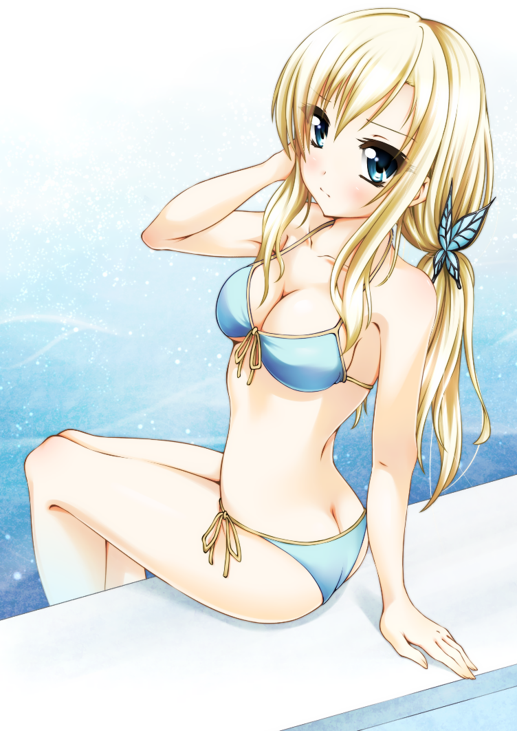 alternate_hairstyle, arm_support, aruha, ass, bare_shoulders, bikini, blonde_hair, blue_eyes
