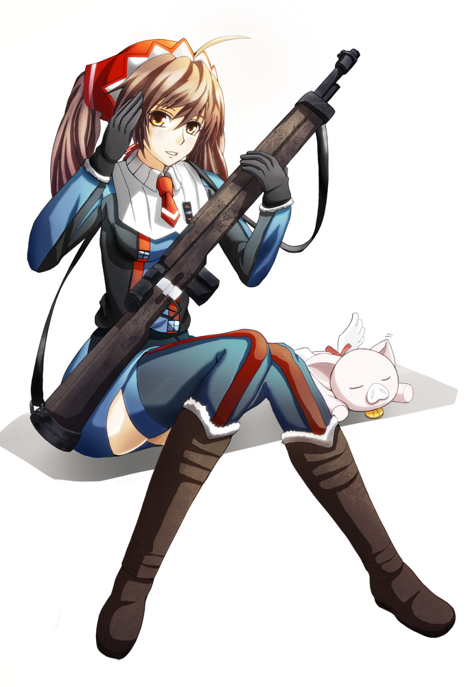 ambercrown, brown_eyes, brown_hair, female, gloves, gun, hans, headdress