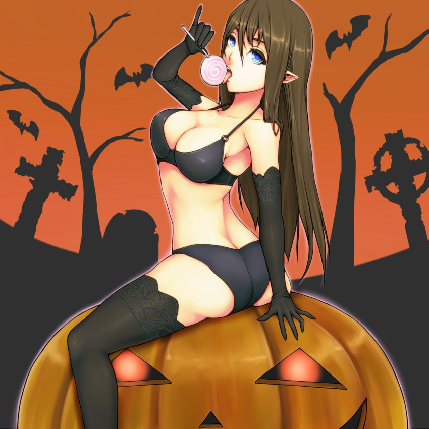 ass, bare_shoulders, black_legwear, black_panties, blue_eyes, bra, breasts, brown_hair, butt_crack, candy, cleavage, elbow_gloves, gloves, halloween, highres, lace, lace-trimmed_thighhighs, large_breasts, licking, lingerie, lollipop, long_hair, looking_at_viewer, looking_back, o-ring_top, original, panties, pointy_ears, pumpkin, solo, suzuki_(pixiv1277943), thighhighs, underwear