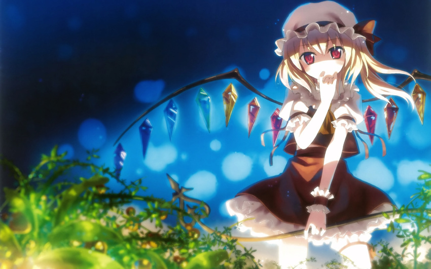 blonde_hair, dress, flandre_scarlet, hat, l&aelig;vateinn, laevateinn, red_eyes, touhou, wings, yuuki_tatsuya