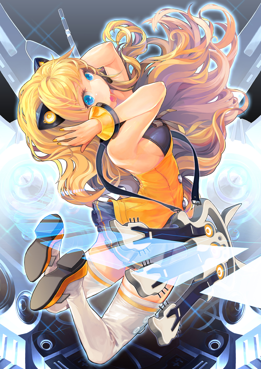 animal_ears, blonde_hair, blue_eyes, headset, highres, long_hair, nail_polish, open_mouth