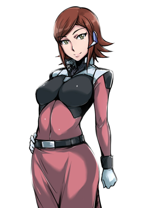belt, black_beat, brown_hair, gloves, green_eyes, gundam, gundam_age, hand_on_hip