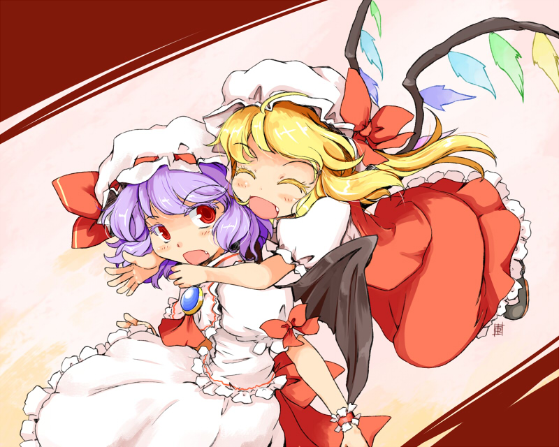 ascot, bat_wings, blonde_hair, blue_hair, brooch, fang, flandre_scarlet, glomp