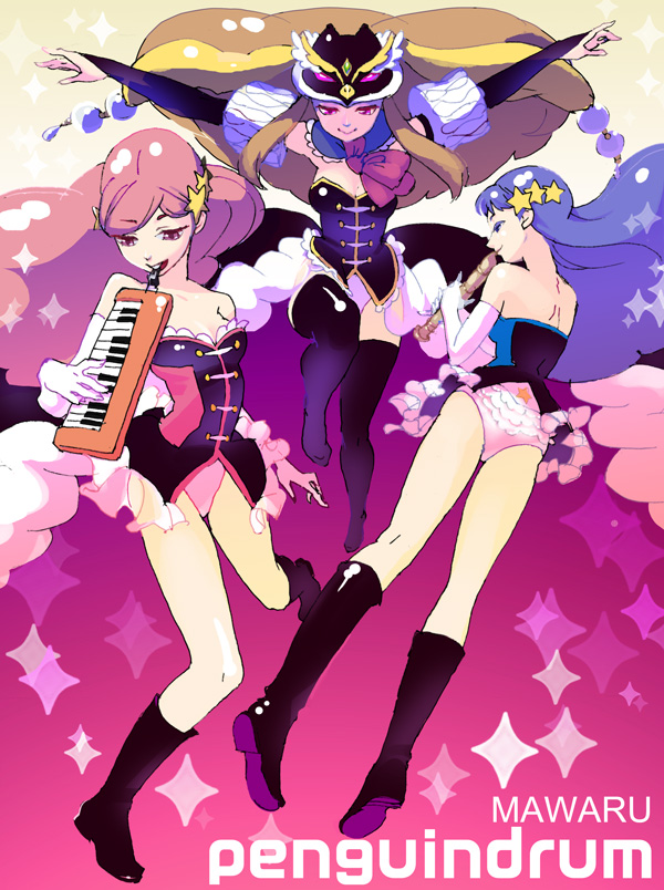 animal_hat, bare_shoulders, black_legwear, blue_hair, boots, brown_eyes, brown_hair, double-h_(mawaru_penguindrum)