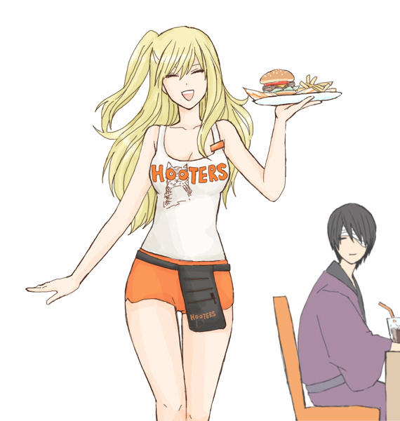 bandage, blonde_hair, breasts, cleavage, closed_eyes, eyepatch, eyes_closed, food