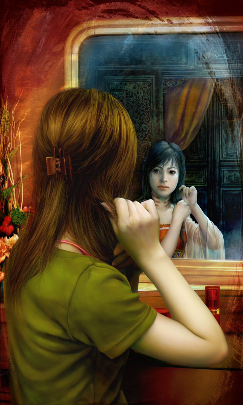 black_hair, blood, brown_hair, clara_v, creepy, different_reflection, from_behind, highres, mirror, original, photorealistic, reflection, tears