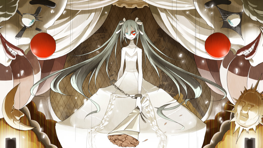 3331_(vocaloid), aqua_eyes, aqua_hair, bouquet, clown, cuffs, dress, facepaint