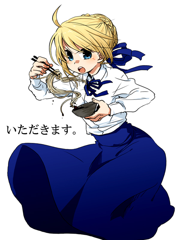 ahoge, bad_id, blonde_hair, blue_eyes, casual, chopsticks, dress, fate/stay_night