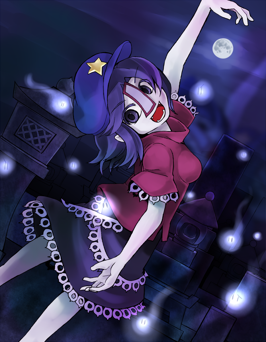 beret, blue_eyes, blue_hair, fang, full_moon, ghost, graveyard, hat