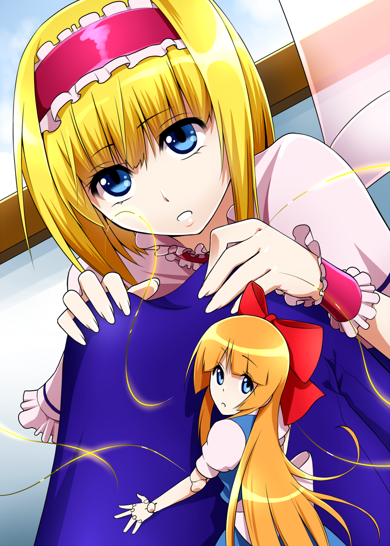 alice_margatroid, blonde_hair, blue_eyes, bow, capelet, curtains, doll_joints, hair_bow