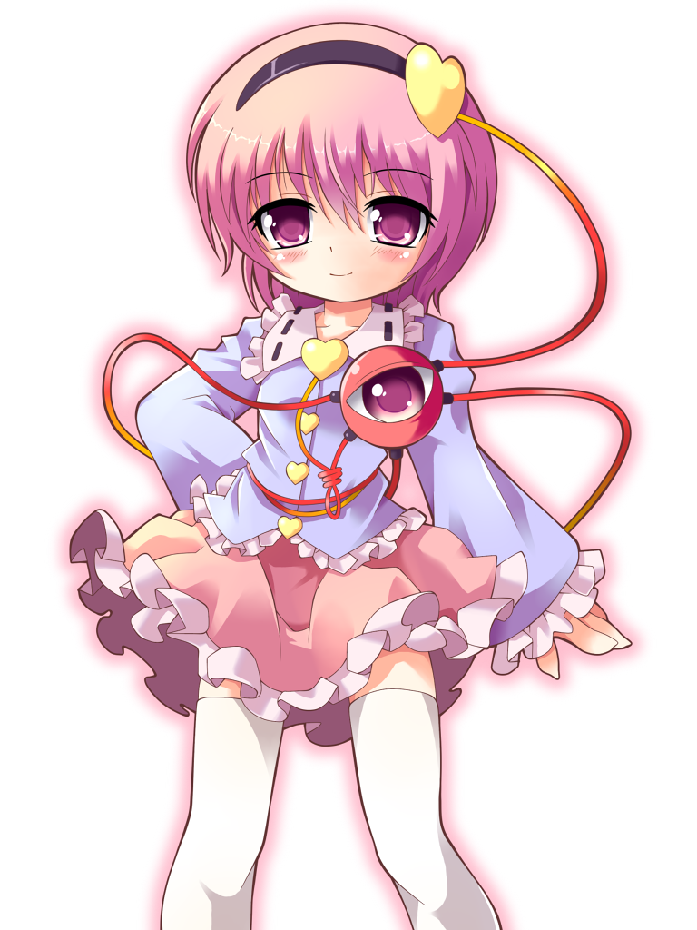 blush, eyeball, hairband, heart, komeiji_satori, miokuri, pink_eyes, pink_hair, short_hair, skirt, smile, solo, thigh-highs, thighhighs, third_eye, touhou, white_legwear