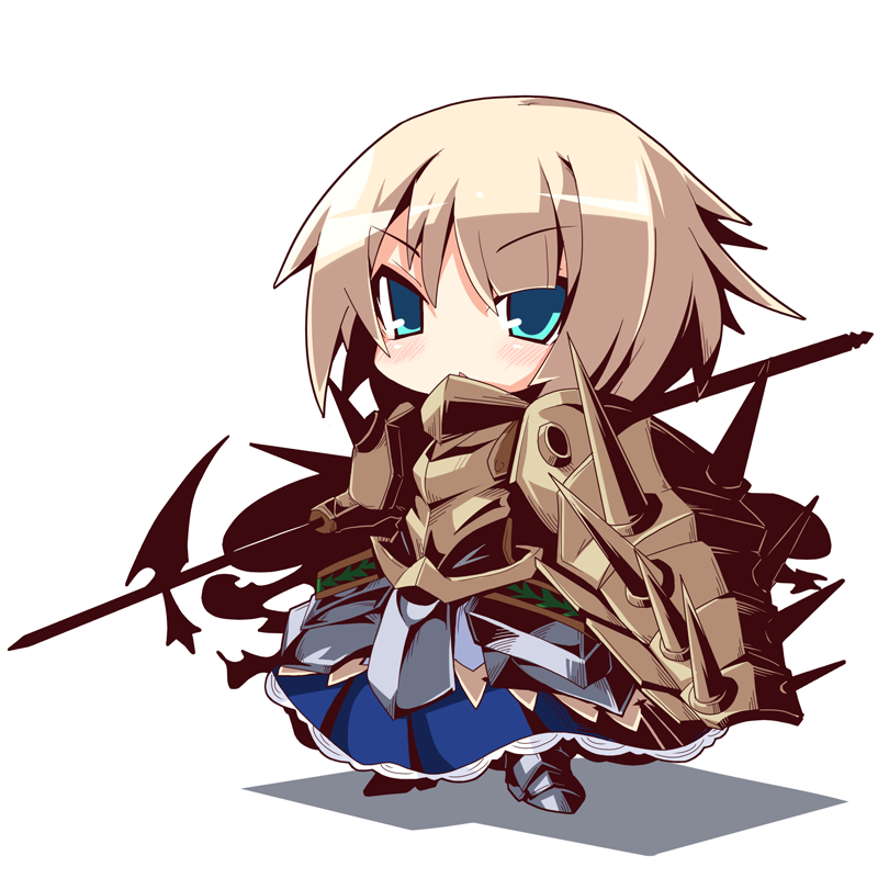 aqua_eyes, armor, armored_dress, blonde_hair, blush, chibi, phalanx_(sekaiju), reku