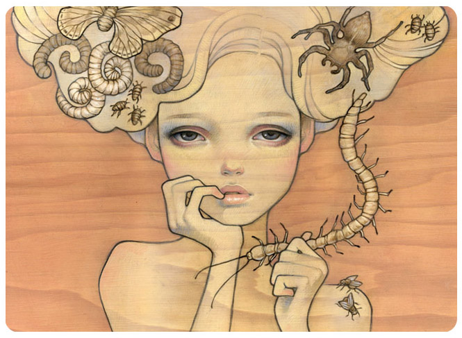 audrey_kawasaki, centipede, hands, insect, lips, millipede, moth, spider