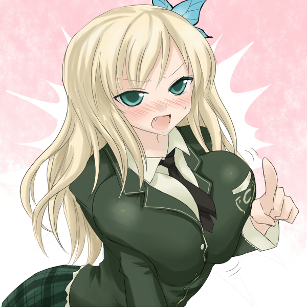 blazer, blonde_hair, blush, boku_wa_tomodachi_ga_sukunai, breast_squeeze, breasts, butterfly_hair_ornament, dress_shirt