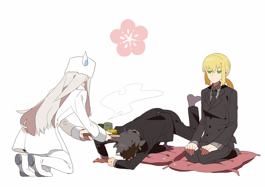 ahoge, androgynous, black_hair, blonde_hair, boots, emiya_kiritsugu, fate/stay_night, fate/zero