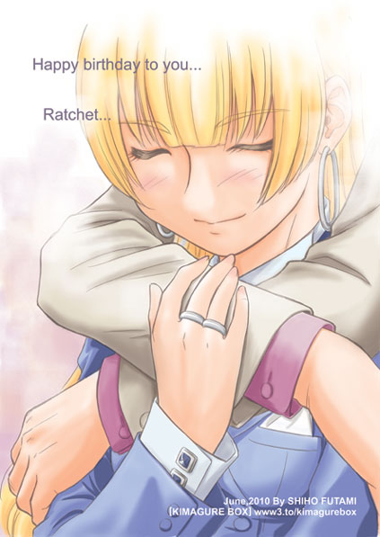 blonde_hair, blush, closed_eyes, earrings, eyes_closed, formal, hug, hug_from_behind, jewelry, long_hair, ratchet_altair, ring, s_futami, sakura_taisen, sakura_taisen_v, suit