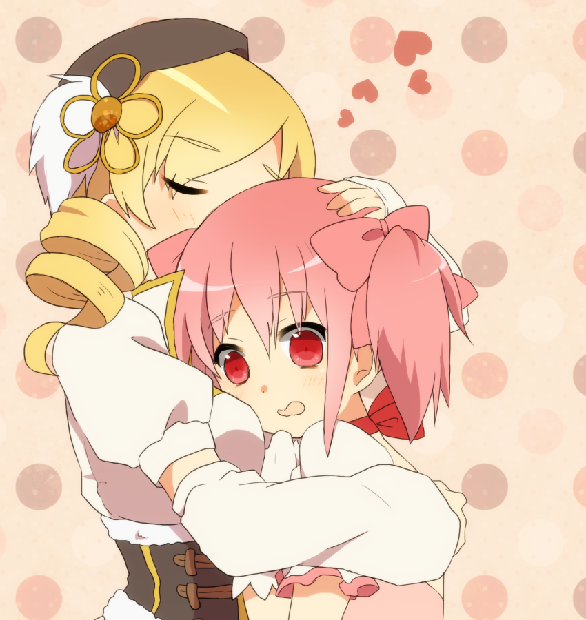 blonde_hair, closed_eyes, eyes_closed, heart, hetagin, hug, kaname_madoka, magical_girl