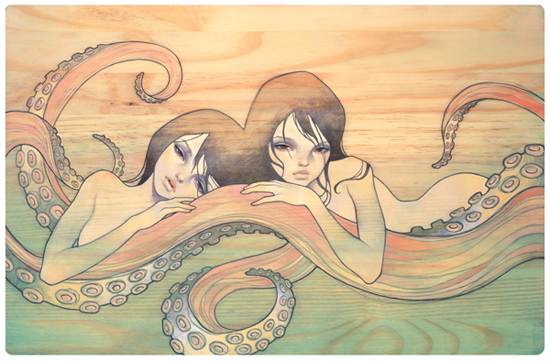 audrey_kawasaki, hands, hug, lips, long_hair, multiple_girls, tentacles