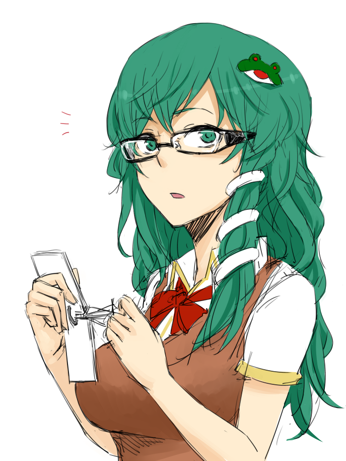bespectacled, face, glasses, go-m, green_eyes, green_hair, hair_ornament, hands