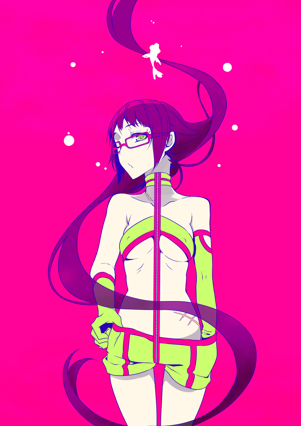 breasts, cleavage, glasses, gloves, green_eyes, highres, long_hair, original