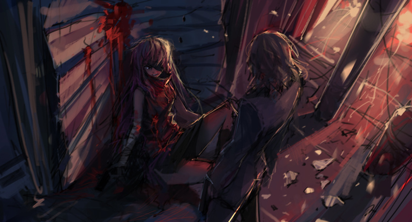 bandage, blood, blueman, broken_glass, china_dress, chinese_clothes, eyepatch, glass