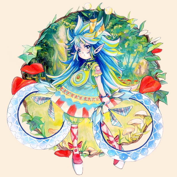 3moji, blue_hair, green_hair, long_hair, march_(trusty_bell), multicolored_hair, pointy_ears, solo