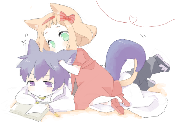 beniko, biting, blush, book, bow, cat_ears, cat_tail, couple
