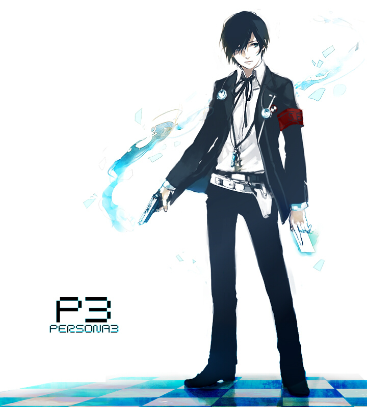 arisato_minato, armband, belt, blue_eyes, blue_hair, card, card_with_aura, checkered, checkered_floor, evoker, floating_card, gun, headphones, holding, holding_card, holster, jacket, long_sleeves, lupicam, male, necktie, persona, persona_3, ribbon, school_uniform, solo, standing, weapon