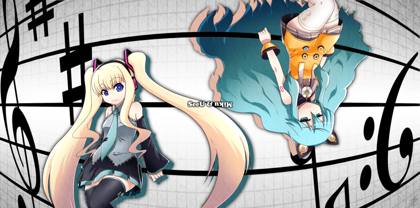 :3, alternate_hairstyle, animal_ears, aqua_eyes, aqua_hair, bare_shoulders, black_legwear, blonde_hair