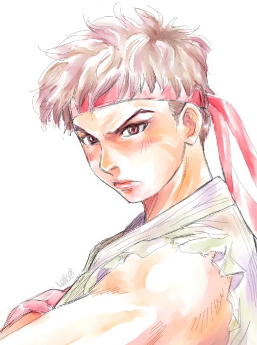 brown_hair, dougi, genderswap, headband, lips, maki_ubermach, male, muscle, ryuu_(street_fighter), short_hair, sleeveless, street_fighter