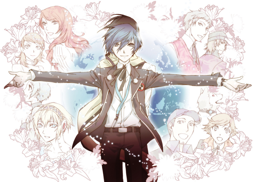 amada_ken, animal, aqua_hair, aragaki_shinjirou, arisato_minato, back-to-back, back_to_back, beanie, belt, black_hair, blonde_hair, blue_eyes, blue_hair, brown_hair, choker, collar, dog, dress, everyone, flower, hairband, happy, hat, headphones, iori_junpei, ito_(pixiv), kirijou_mitsuru, koromaru, long_hair, long_sleeves, mochizuki_ryouji, necktie, persona, persona_3, popped_collar, red_hair, redhead, ribbon, sanada_akihiko, scarf, school_uniform, short_hair, silver_hair, smile, sweater_vest, takeba_yukari, turtleneck, yamagishi_fuuka