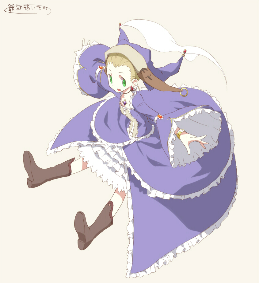 blush, bonnet, brown_hair, dress, frills, green_eyes, hat, magical_girl