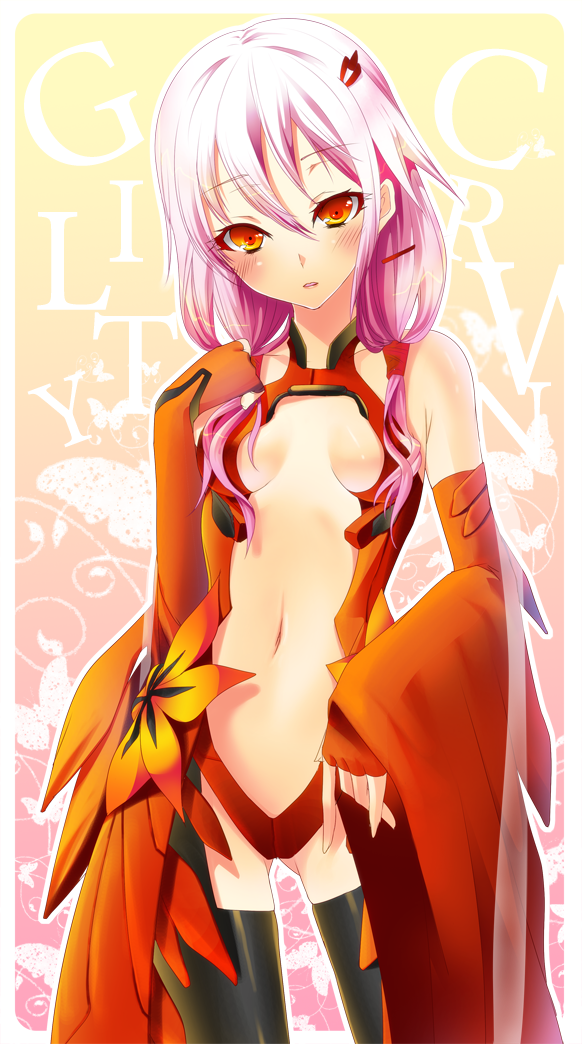 ayakichi, bare_shoulders, black_legwear, blush, breasts, center_opening, elbow_gloves, fingerless_gloves