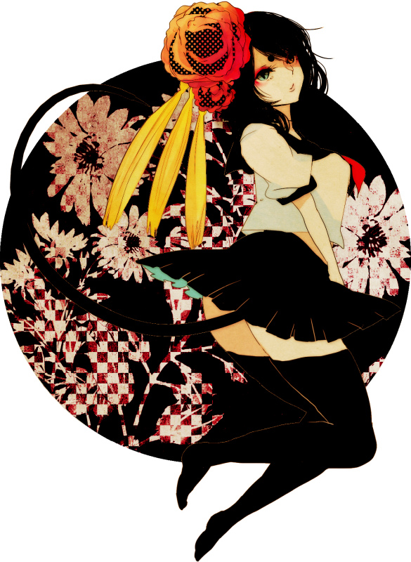 black_hair, checkered, flower, hair_flower, hair_ornament, hasuhashi, original, school_uniform