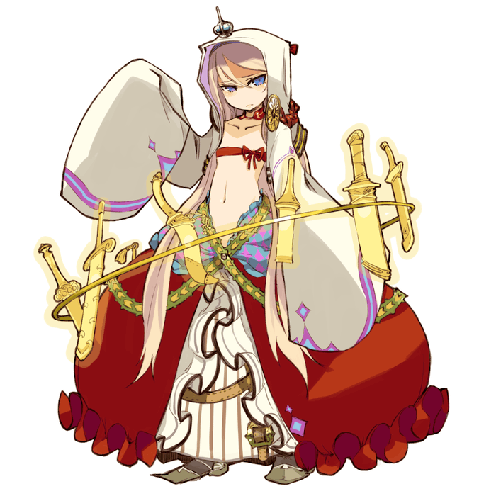 blue_eyes, bow, copyright_request, flat_chest, frown, hoodie, large_sleeves, long_hair, mota, navel, pinstripe_pattern, sleeves_past_wrists, solo, sword, very_long_hair, weapon, wide_sleeves