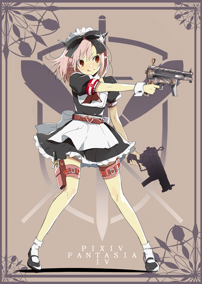 :p, :q, apron, belt, blush, bow, bowtie, dual_wielding, gun, h&amp;k_mp5k, hair_bow, headband, headdress, heart, heckler_&amp;_koch, holster, horns, kl, knife, legs, maid, maid_headdress, male, miniskirt, original, outstretched_arm, pink_hair, pixiv, pixiv_fantasia, pixiv_fantasia_4, pointy_ears, puffy_sleeves, red_eyes, ribbon, short_hair, skirt, socks, solo, standing, submachine_gun, thigh-highs, thigh_holster, thigh_strap, tongue, trap, weapon